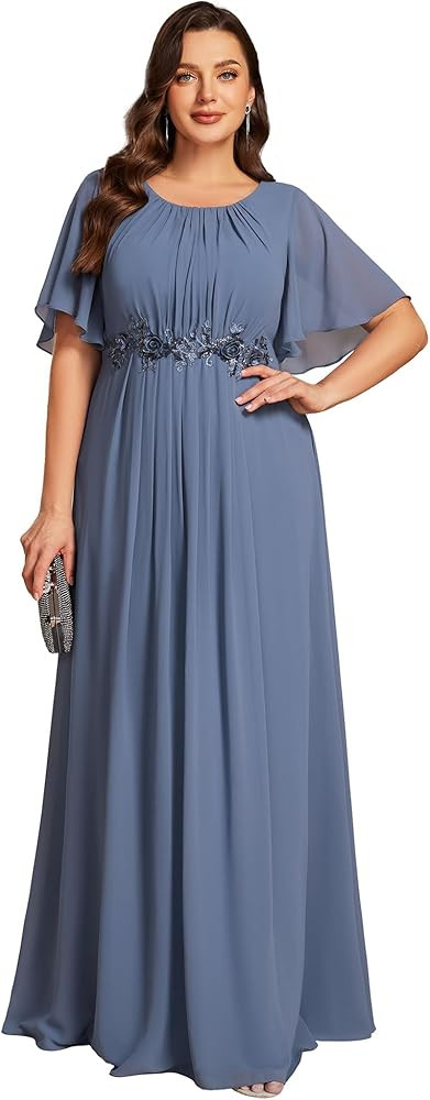 Ever-Pretty Plus Women's Round Neck Appliques Chiffon Short Sleeves Long Plus Size Formal Dresses... | Amazon (US)