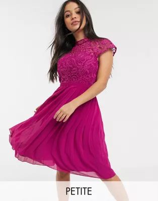 Chi Chi London Petite lace midi dress with pleated skirt in berry | ASOS UK