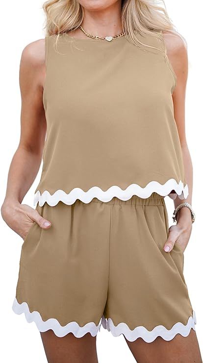 CCTOO Women's 2024 Summer Outfits: Two Piece Suits Linen Crew Neck Tank Crop Top and Wide Leg Sho... | Amazon (US)