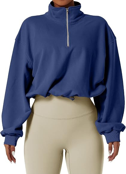 QINSEN Women's Half Zip Crop Sweatshirt High Neck Long Sleeve Pullover Athletic Cropped Tops | Amazon (US)