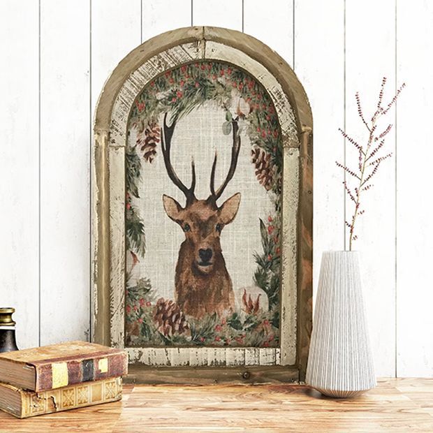 Winter Deer Arched Linen Wall Art | Antique Farm House