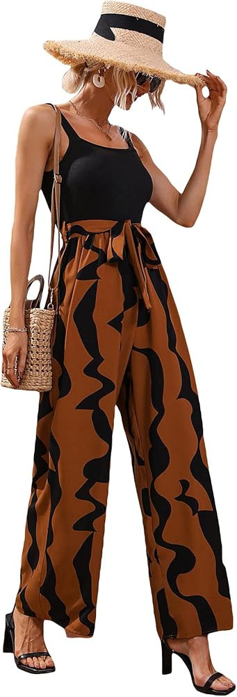 WDIRARA Women's Graphic Print Sleeveless Belted Wide Leg Cami Jumpsuit Pants | Amazon (US)