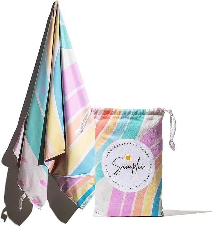 Simplii Sand Resistant Beach Towel - Zipper Pocket Feature, Compact, Lightweight, and Quick Dryin... | Amazon (US)