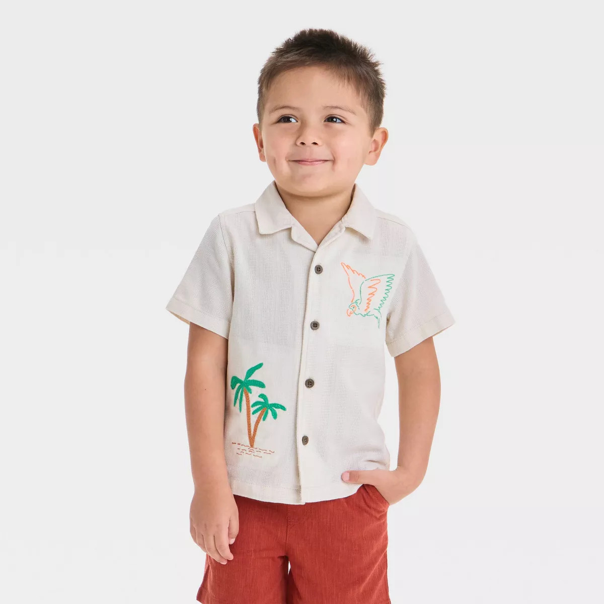 Toddler Boys' Embroidered Tropical T-Shirt - Cat & Jack™ Cream 12M | Target
