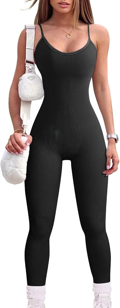 OQQ Women's Yoga Jumpsuits Sexy Ribbed One Piece Spaghetti Straps Tummy Control JumpSuits | Amazon (US)