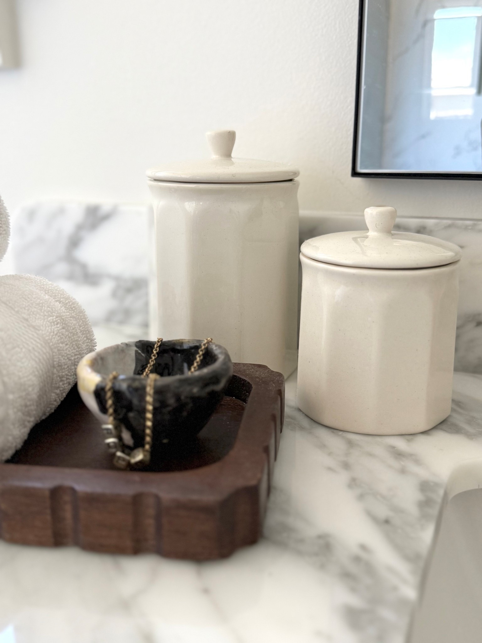 The cutest little bathroom canisters! 

Bathroom Decor | Home Decor | Bathroom Refresh | Interior Design | Home Decor | Home Styling | Transitional Style | Bathroom Design 
•
•
•
•
#homedesign #bathroomdesign #homerenovation #homeinspiration #bathroomstyling

#LTKSeasonal #LTKHome #LTKSaleAlert