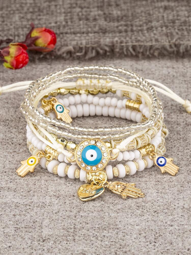 6pcs Eye Detail Hamsa Hand & Heart Charm Beaded Bracelet | SHEIN