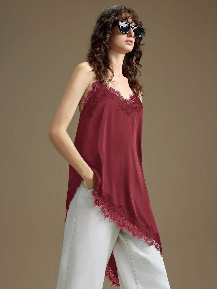 Ontre 2026 Women's Burgundy Satin Fabric Comfortable Soft Lace Trim Asymmetric Hem Camisole Top, Suitable For Urban Commute, Business Casual, Elegant, Valentine's Day, Summer, Wedding Guest, Holiday Top For Women Elegant Maroon Top Burgundy Top For Women Wine Red Top Cami Top For Women | SHEIN