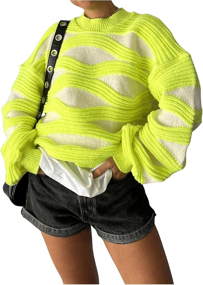 GORGLITTER Women's Neon Knitted Oversized Loose Sweaters Fall Trendy Long Sleeve Crew Neck Chunky... | Amazon (US)