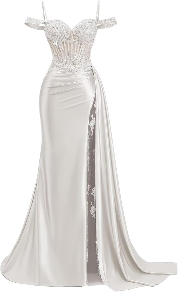 Off Shoulder Satin Prom Dresses Long Slit Mermaid Lace Beaded Evening Gown Bodycon Formal Dresses... | Amazon (US)