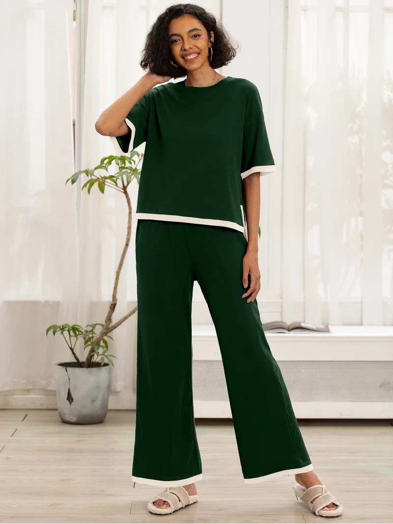 MINTREUS Women's Cotton 2-Piece Loungewear Short-Sleeve Round-Neck Pullover Top Wide-Leg Pants Wo... | Walmart (US)