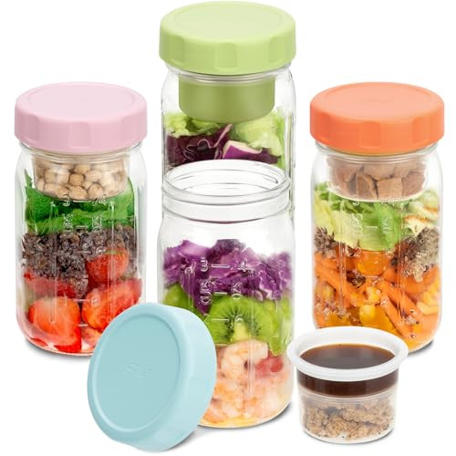 SOLIGT 4 Pack Glass Salad Jars with Lids Meal Prep, Leakproof Container for Lunch, with Wet/Dry Separation Cups, 32oz Mason Jars (Pink/Orange/Sky Blue/Olive Green) | Amazon (US)