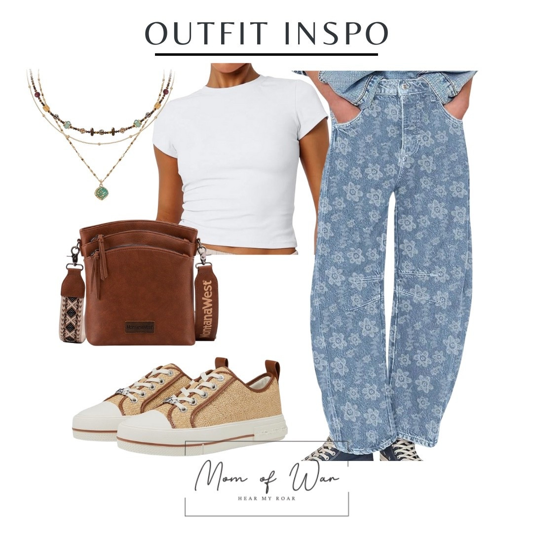 A stylish and comfy spring and summer outfit. Loving the print denim and basic white tee  
