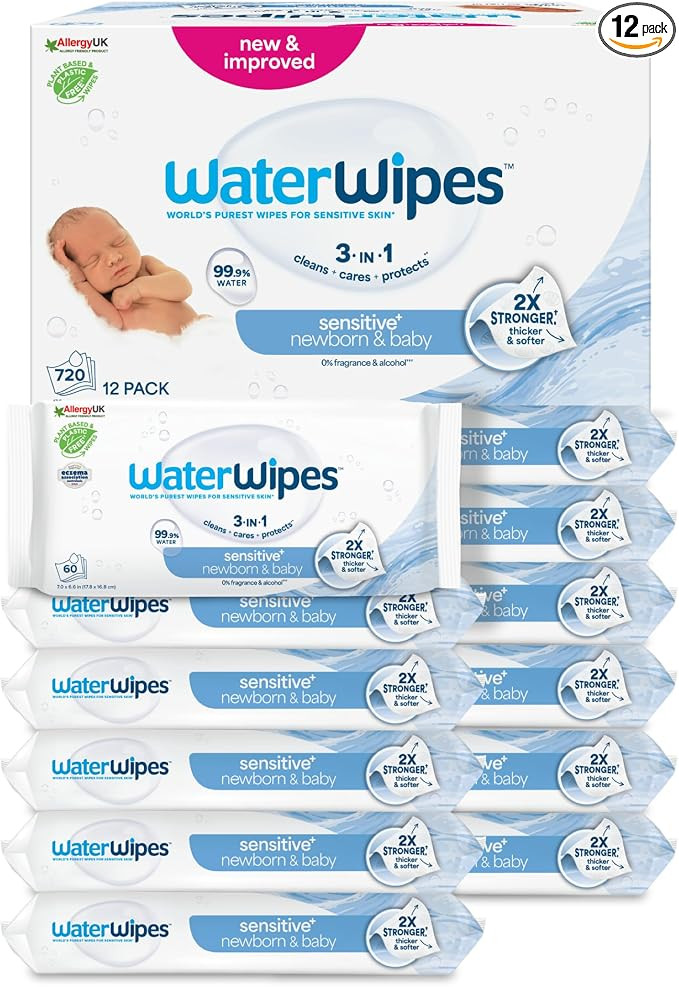 WaterWipes Sensitive+ Newborn & Baby Wipes, 720 Count (12 Packs), 3-In-1 Cleans, Cares, Protects,... | Amazon (UK)