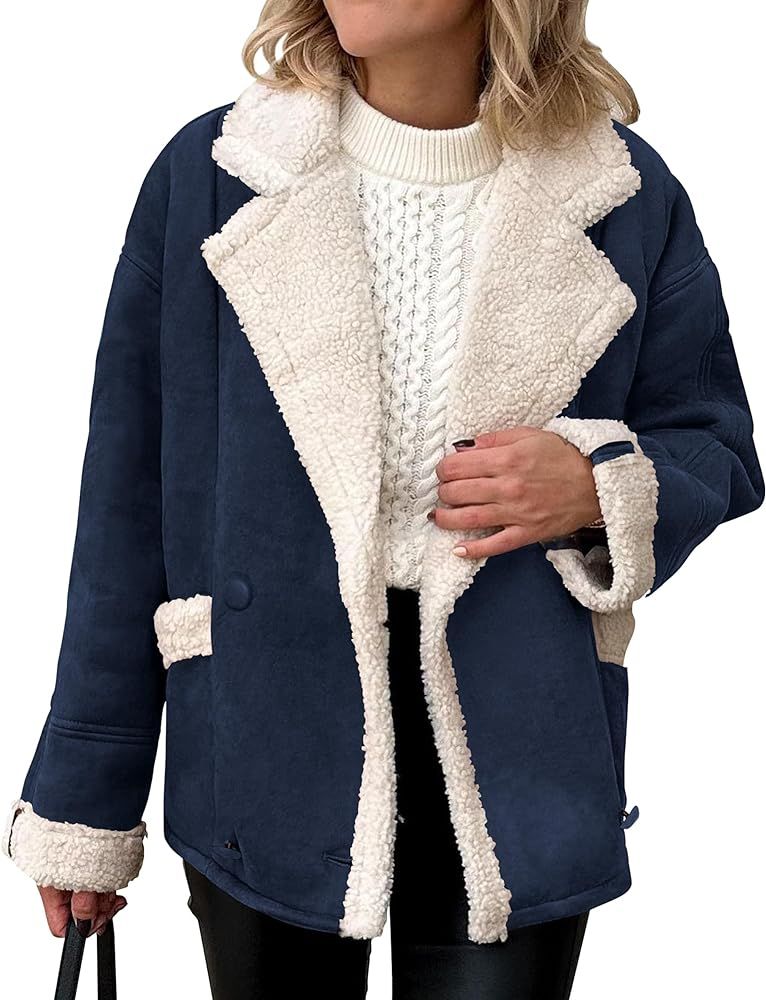 PRETTYGARDEN Women 2023 Winter Faux Suede Coats Fleece Sherpa Lined Jacket Faux Fur Lapel Pockets... | Amazon (US)