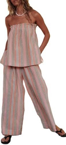 Yiulangde Two Piece Linen Sets for Women Summer Tube Top and Wide Leg Pant Lounge Matching Set 2 ... | Amazon (US)