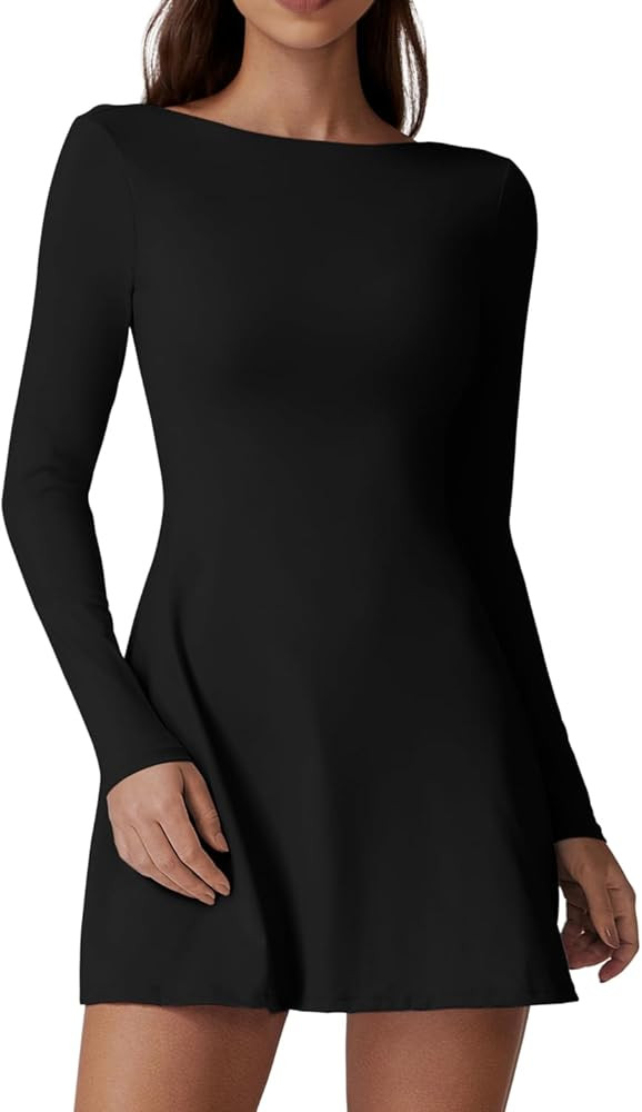 QINSEN Women's Open Back Tennis Dress Long Sleeve Built in Shorts Golf Athletic Dress with Pocket... | Amazon (US)