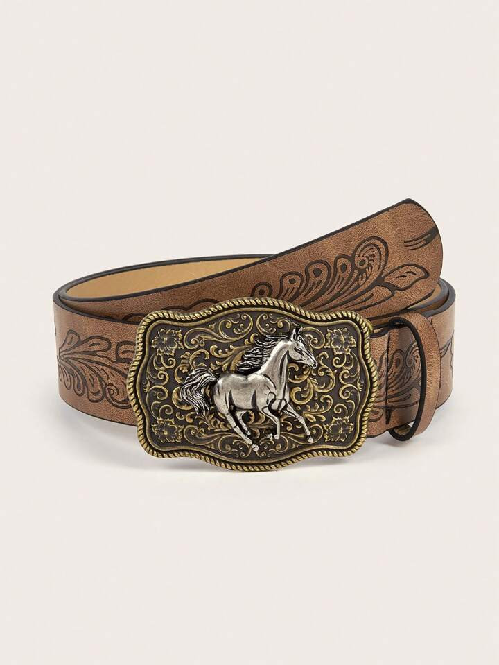 1pc Women's Western Cowgirl Style Pu Belt With Horse Head Buckle, Suitable For Daily Wear With Pa... | SHEIN