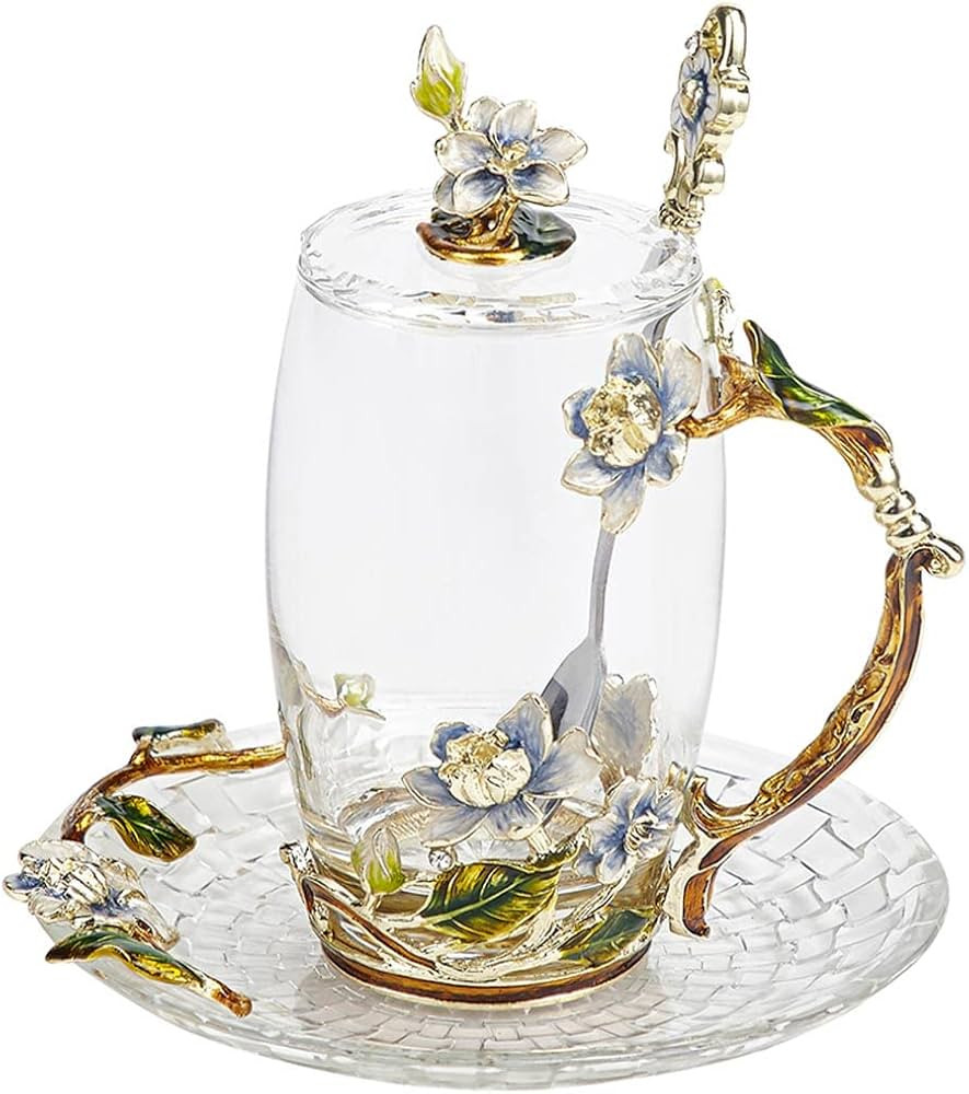 Unique Tea Cups Mother's Day Gift Enamels Flower Glass Coffee Mug with Spoon Jasmine Cups Birthda... | Amazon (US)
