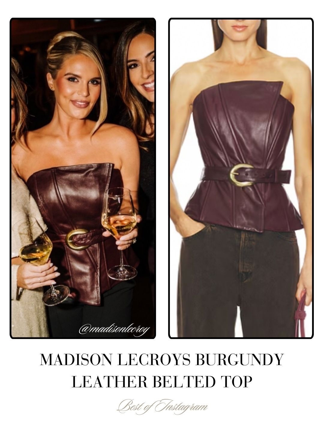 Madison LeCroys Burgundy Leather Belted Top 📸 = @madisonlecroy 