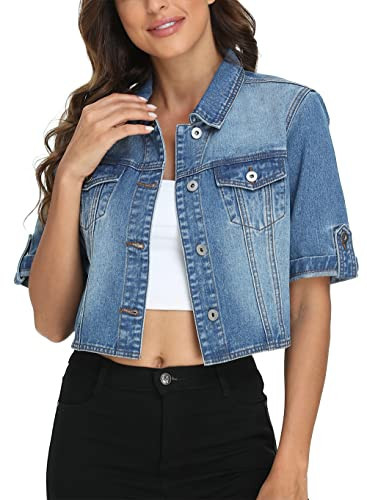 MISS MOLY Women's Cropped Denim Jackets Summer Short Sleeve Classic Casual Jean Jackets Dark Blue M | Amazon (US)