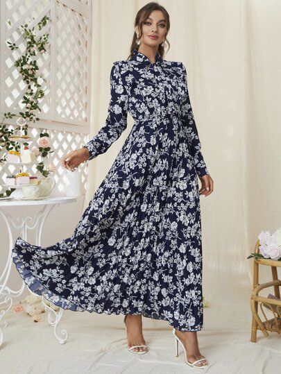 Floral Print Pleated Hem Tie Neck Dress | SHEIN