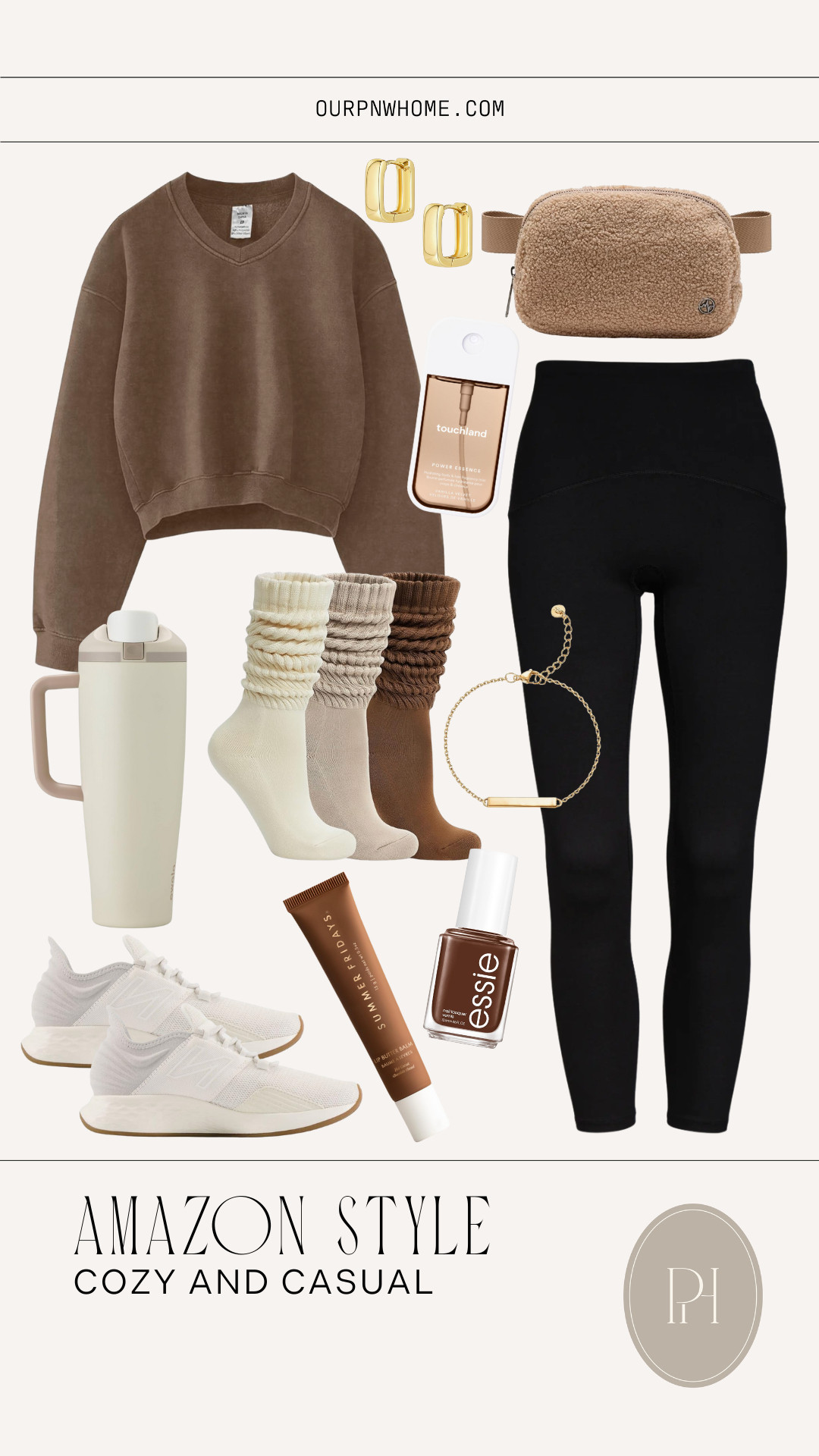 The cutest finds for a casual and cozy look from Amazon!

black leggings, brown sweatshirt, v-neck sweatshirt, neutral socks, crew socks, casual look, casual outfit, mom outfit, mom look, sneakers, tennis shoes, trainers, lip balm, lip gloss, brown nail polish, sherpa belt bag, fleece belt bag, gold earrings, small hoop earrings. gold bracelet, neutral water bottle, hand sanitizer, mom essentials 

 #LTKgrwm #LTKootd #LTKmomlife