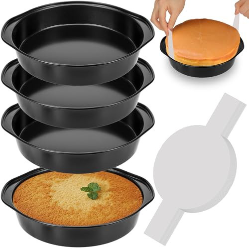 8 Inch Cake Pan, Nonstick 4 Pack Round Cake Pans with 100PCS Pre-cut Parchment Paper for Birthday Christmas, Durable Circle Cake Pan Sets with Handle for Baking Multi-Layer Cakes, Dishwasher Safe | Amazon (US)