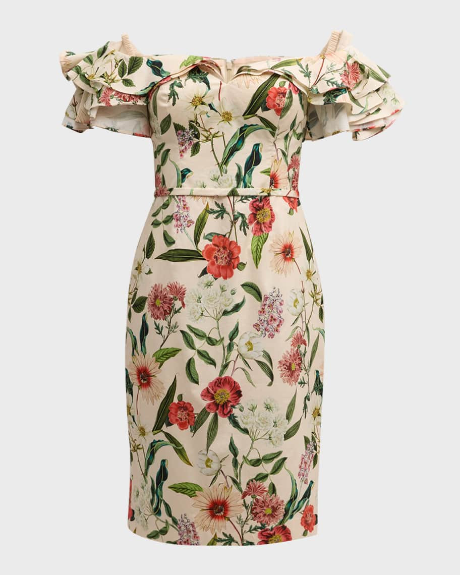Floral-Print Off-Shoulder Stretch Cotton Dress | Neiman Marcus