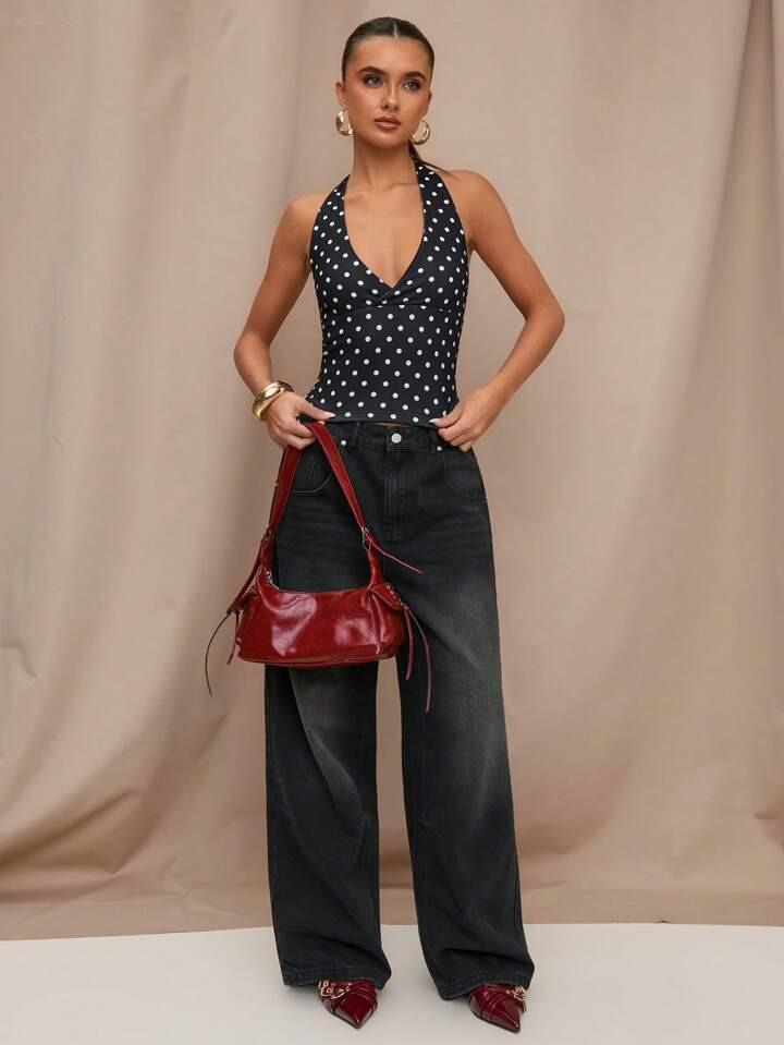 SHEIN BAE Casual Summer Black Polka Dot Printed Halter Neck Top, Suitable For Breakfast, Outings, Dates, Commuting, Cruise Outfits, Ibiza Outfits | SHEIN