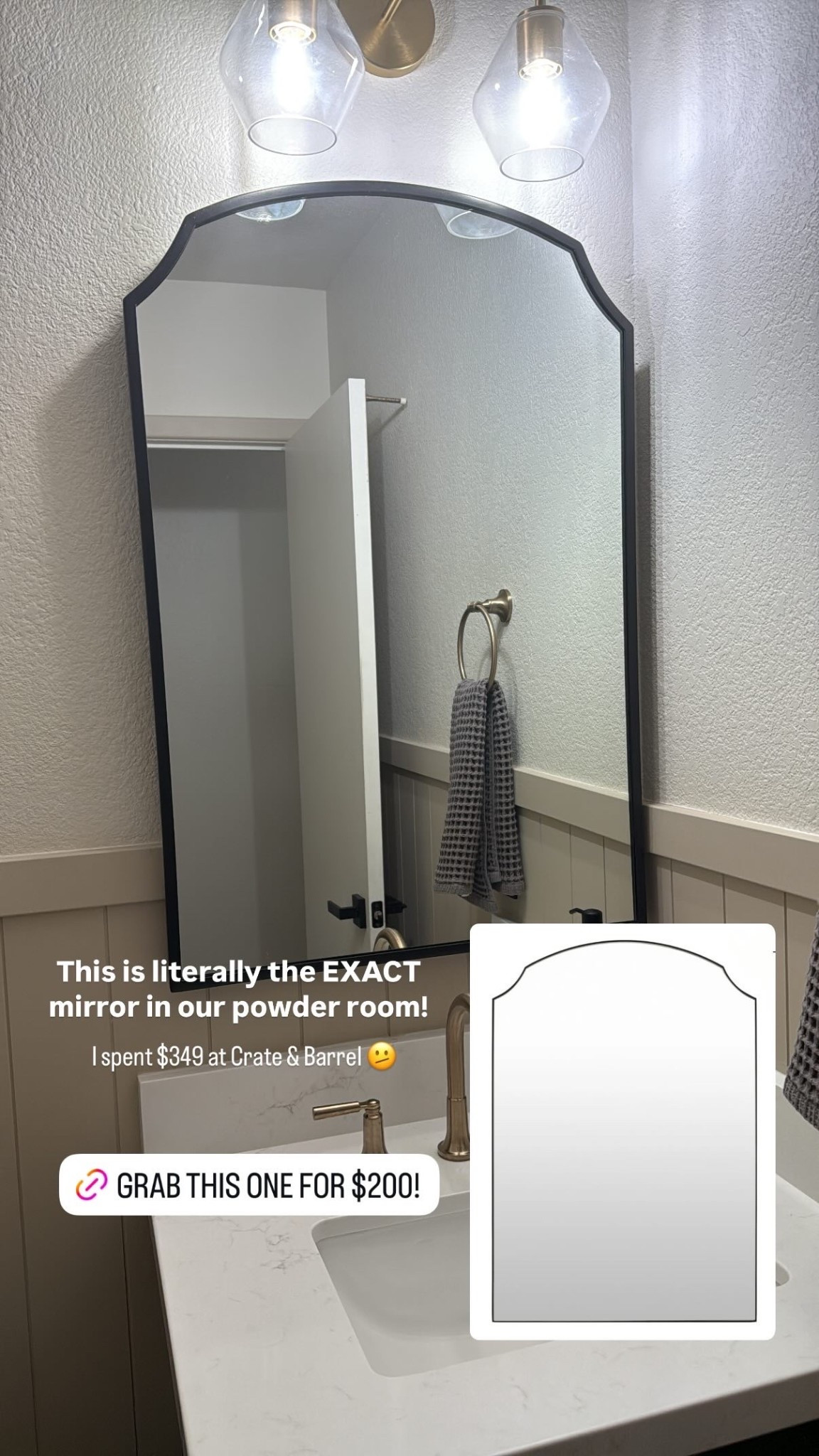 I just found the BEST lookalike for our Crate and Barrel Emmy vanity mirror! This is IDENTICAL to the CB version we have in our powder room for a fraction of the price. 

CB Emmy measurements: 36”x24”
Lookalike: 35”x24” 

This mirror is currently on sale for $200!! This is such a steal! 
•••
Vanity mirror, bathroom mirror, unique mirror, black mirror, black framed mirror, metal framed mirror, rounded corner mirror, Emmy mirror, look for less, crate and barrel dupe, crate and barrel inspired. 


#LTKSaleAlert #LTKStyleTip #LTKHome