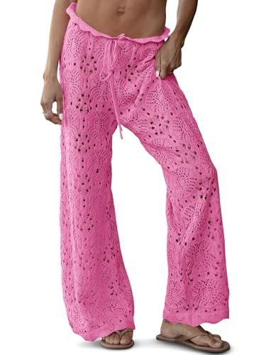 Saodimallsu Womens Crochet Swimsuit Coverup Pants High Waisted Drawstring Sexy Sheer Mesh Knit Wide Leg Beach Pants Pink | Amazon (US)
