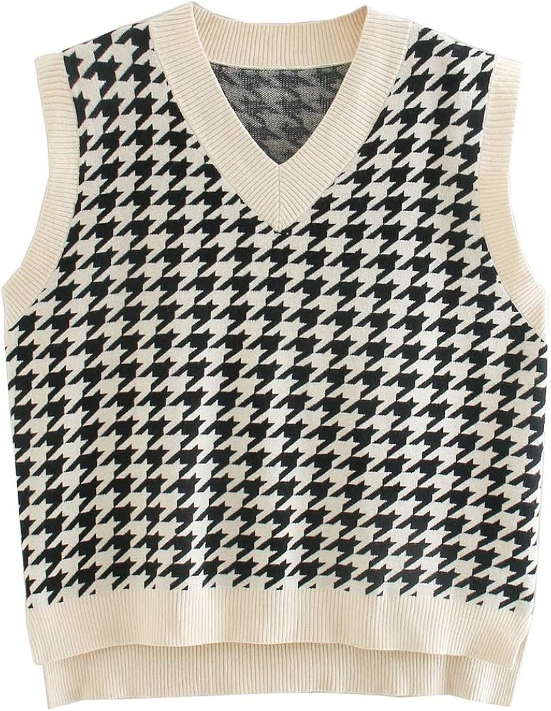 RZIV Women Houndstooth Pattern Knit Sweater Vest Sleeveless Loose V-Neck Waistcoat Pullover Knitw... | Amazon (US)