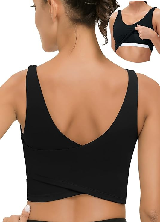 V Neck Built in Bra Longline Sports Bras for Women Padded Medium Support Workout Crop Tops for Ru... | Amazon (US)