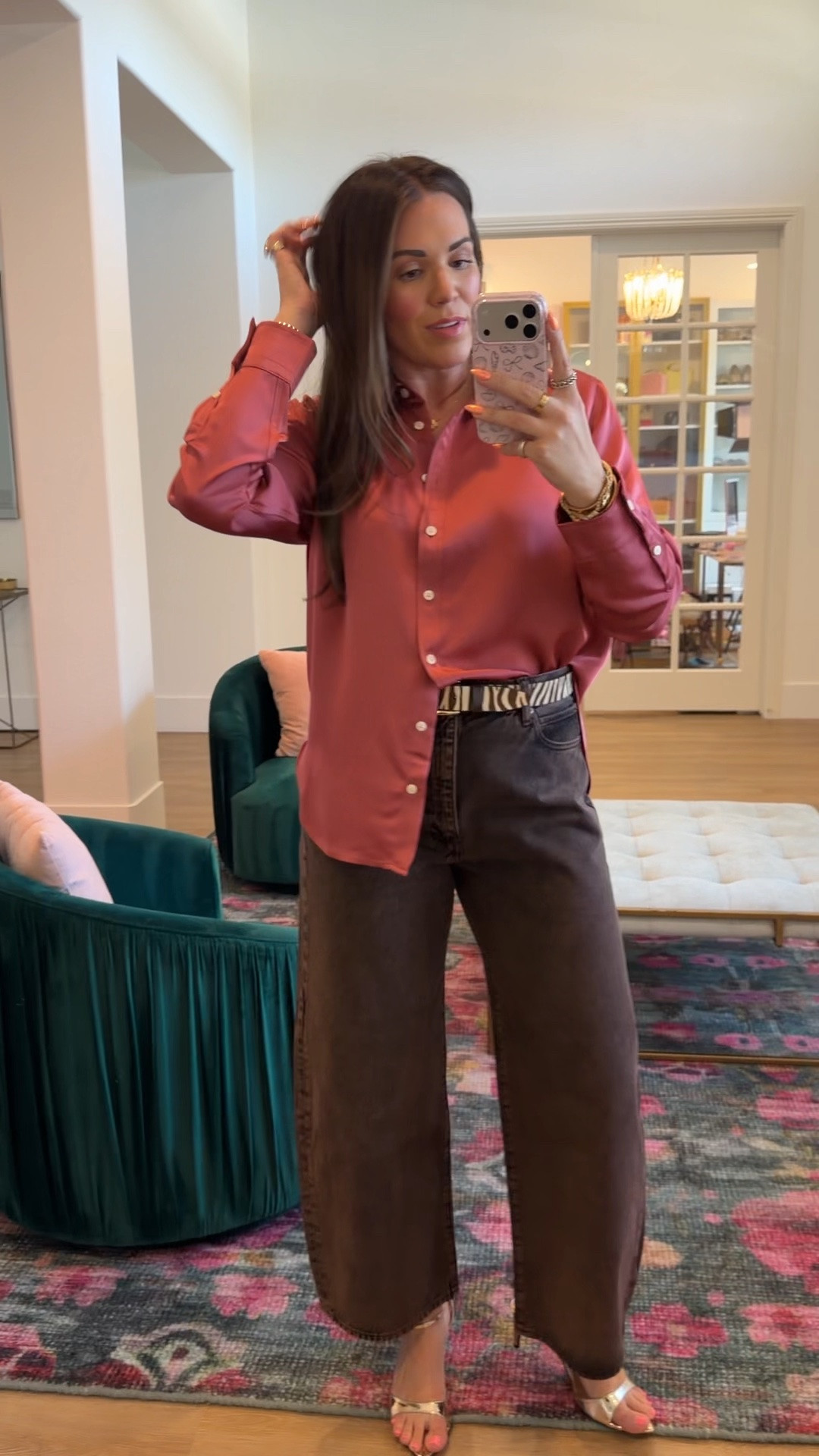 curvy midsize fall look from the Nordstrom Anniversary Sale! wearing size large in silky top (could have taken the medium) and size 30 in brown denim (could have taken the 29). such a fab look for fall!

#LTKSeasonal #LTKMidsize #LTKSaleAlert