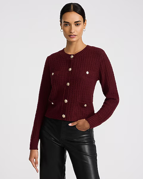 Textured Crew Neck Novelty Button Cardigan | Express