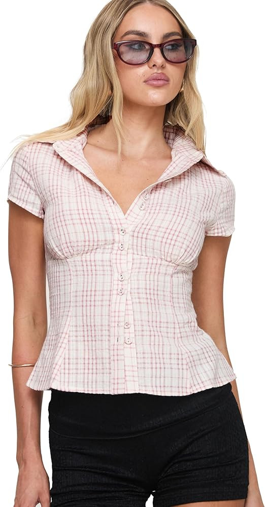 Princess Polly Cottesloe Pink Gingham Ruched Bust Button Down Crop Blouse | Amazon (US)
