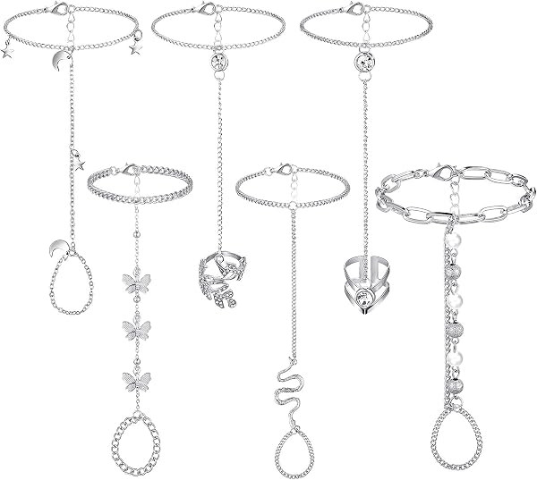 Fumete 6 pcs Finger Ring Bracelet Linked Rhinestone Hand Harness Chain Slave Bracelet with Ring E... | Amazon (US)