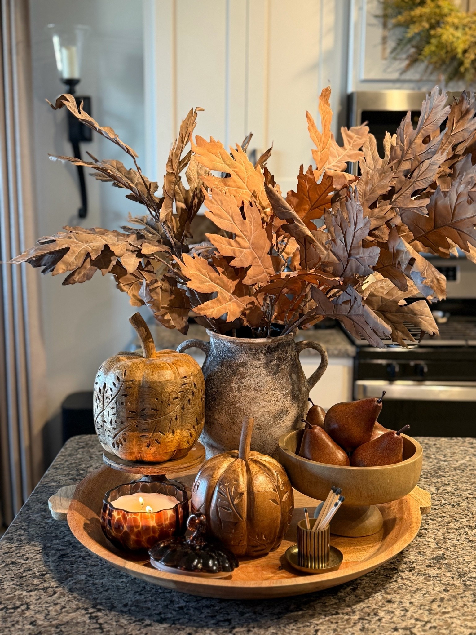 Fall Kitchen styling inspiration.. wood tray, wood pumpkins, fall home decor accents , fall stems, faux fall leaves , pumpkin candle

#LTKSeasonal #LTKHome