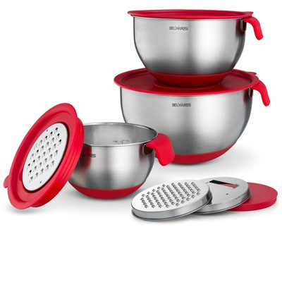 Mixing Bowls with Lids Set - Nesting Bowls with Airtight Lids + Graters - Stainless Steel Non-Slip Mixing Bowl for Baking, (Red, 3-Piece Set) | Target