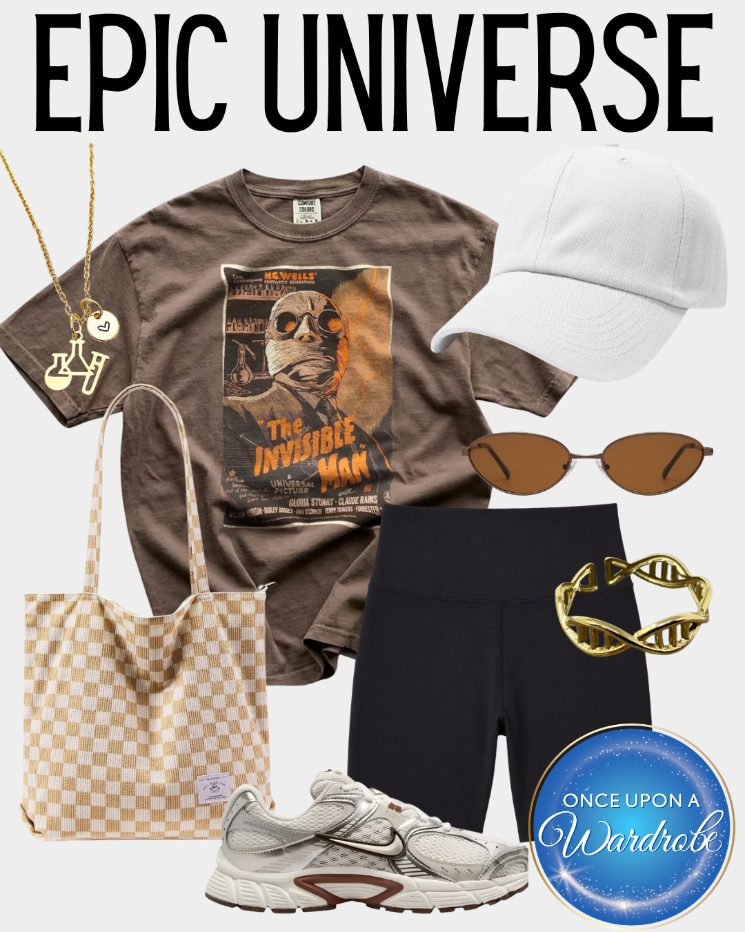 An Invisible Man-inspired Epic Universe outfit with a vintage graphic tee, black biker shorts, retro sneakers and neutral accessories. The science-inspired necklace, white hat and brown sunglasses make this an easy Dark Universe outfit for a full park day at Universal Epic Universe. 

 #LTKootd #LTKTravel