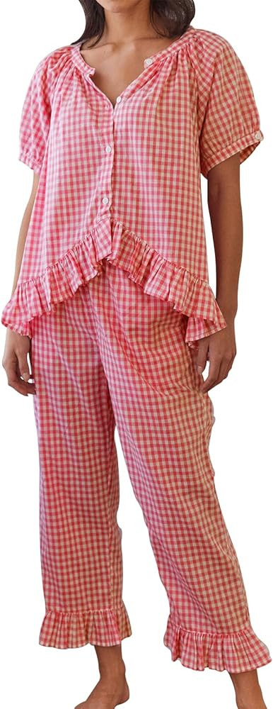 Argeousgor Women Plaid Pajama Sets 2 Piece Outfits Short Sleeve Button Down Shirt Ruffle Pants Pj... | Amazon (US)