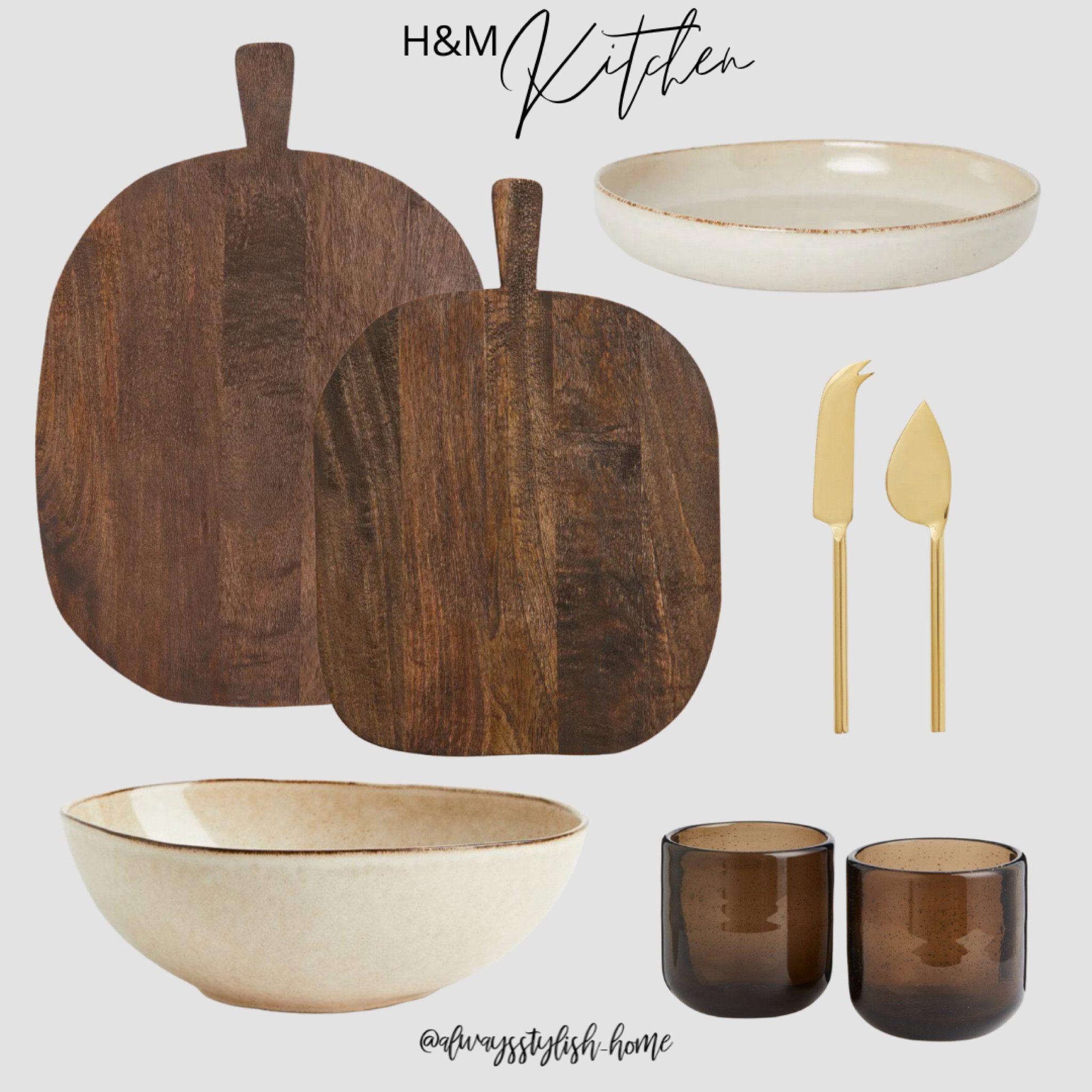 Large wood cutting boards, cream serving dish, large serving bowl, gold cheese knives, brown glass tumblers, H&M home decor

#LTKhome