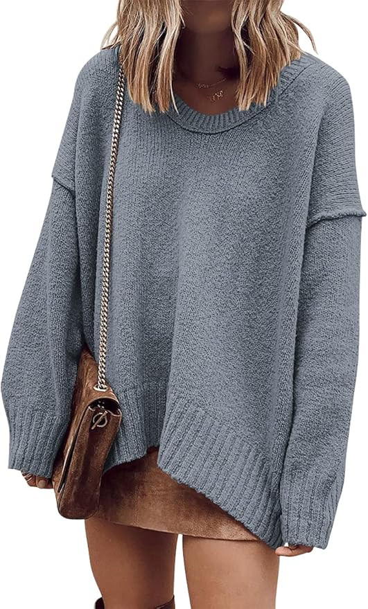 ANRABESS Women's Oversized Casual Loose Slouchy Scoop V Neck Batwing Long Sleeve Knit 2024 Fall P... | Amazon (US)