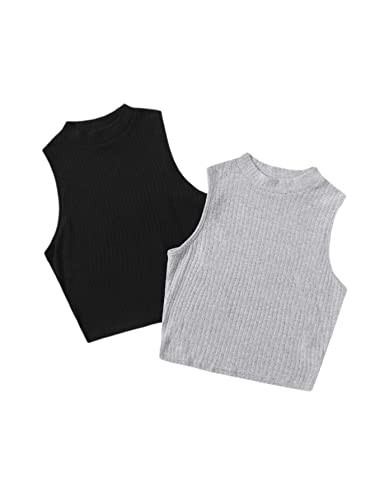 Milumia Women's 2 Pack Rib Knitted Tank Top Mock Neck Sleeveless Basic Tops Black and Grey Medium | Amazon (US)