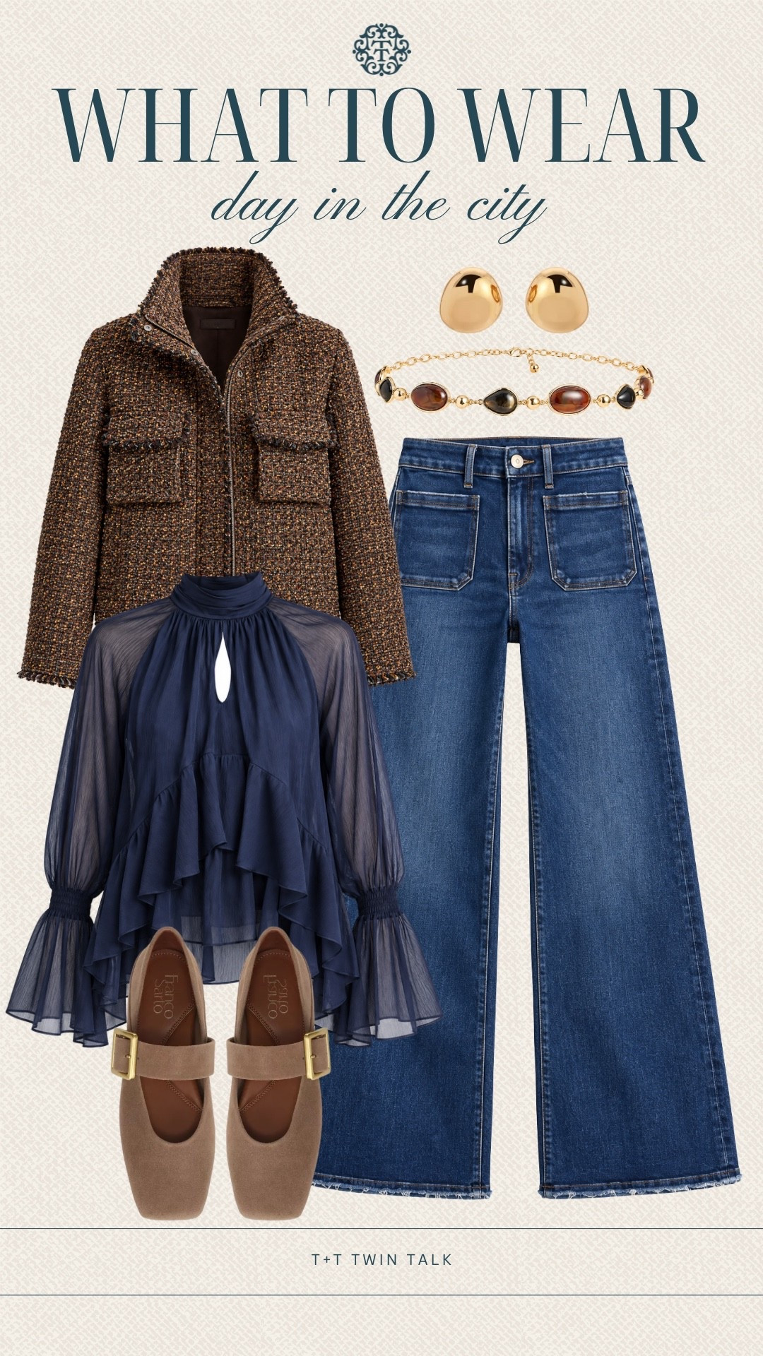 Day in the city outfit inspiration! ✨ We’re loving this mix of feminine and classic fall pieces. The flowy navy blouse paired with wide-leg denim, a textured jacket, and suede Mary Janes makes such a chic look for shopping, lunch with the girls, or exploring the city. Add a few gold accessories for the perfect finishing touch!
#LTKSeasonal #LTKOver40 #LTKMidsize