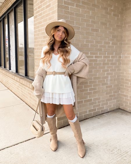Dressy casual fall outfit — cute look for brunch, thanksgiving, friendsgiving, concert, or date night!

// fall brunch outfit, thanksgiving outfit, friendsgiving outfit, dressy casual outfit, fall outfits, fall trends, fall fashion, oversized sweater, tiered mini skirt, knit cardigan, sweater cardigan, o-ring belt, western boots outfit, cowboy boots outfit, country concert outfit, fall concert outfit, winter concert outfit, boho outfit, cozy outfit, fedora hat, Lulus, Pink Lily, Kohls, Amazon, Revolve, Lack of Color hat (11.8)

#LTKSeasonal #LTKU #LTKshoecrush #LTKstyletip #LTKfindsunder50 #LTKfindsunder100 #LTKparties #LTKsalealert #LTKHoliday