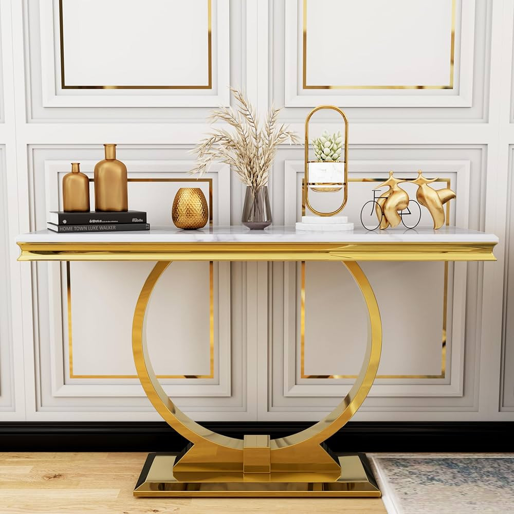 Asday Gold Console Table, Glam White and Gold Entryway Table with U-Shaped Base, Polished Gold En... | Amazon (US)
