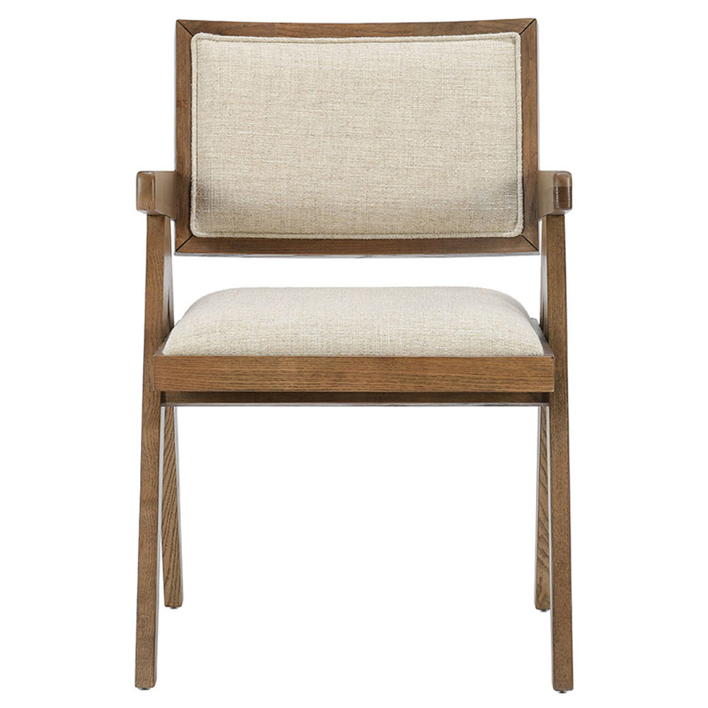 Drew Mid Century Modern Beige Upholstered Brown Wood Dining Chair | Kathy Kuo Home