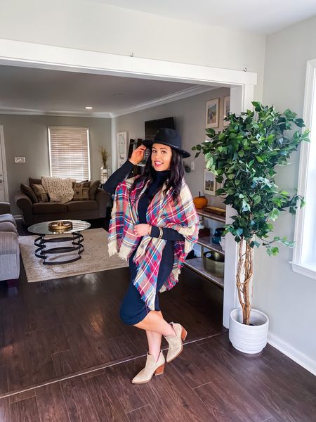 Under $30 black turtleneck midi dress (small, 10 colors), around $10 plaid blanket scarf, under $60 tan pointed toe booties and under $20 black felt hat— love this look for thanksgiving, the holidays or winter fashion! #founditonamazon 

#LTKSeasonal #LTKHoliday #LTKunder50